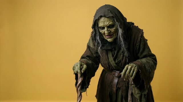 Scary green witch in ragged hooded cloak with twisted wooden staff leaning on orange studio background. Halloween horror character and spooky fairytale concept. Copy space.