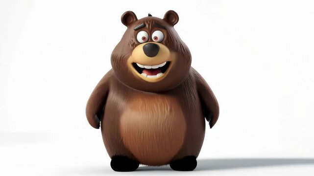 Funny 3D cartoon brown bear standing on a plain white background, cute character design, playful mascot, animated humor for kids content.