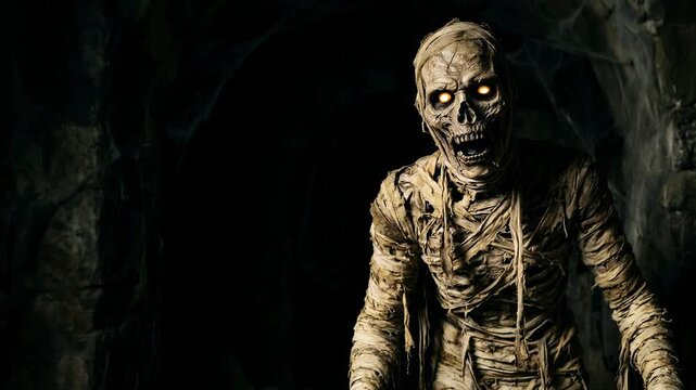 Scary mummy monster with glowing eyes walking in dark stone tunnel. Horror movie creature reaching out. Halloween party and spooky holiday concept. Horror and haunted atmosphere.