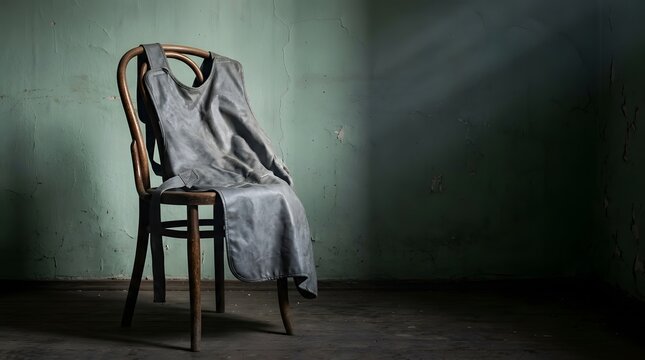 Worn leather workshop apron hanging on rustic wooden chair in dusty green room portraying traditional craftsmanship and manual labor