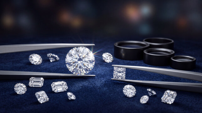 Exquisite sparkling diamonds being sorted with precision tools on a luxurious blue velvet background for jewelry making