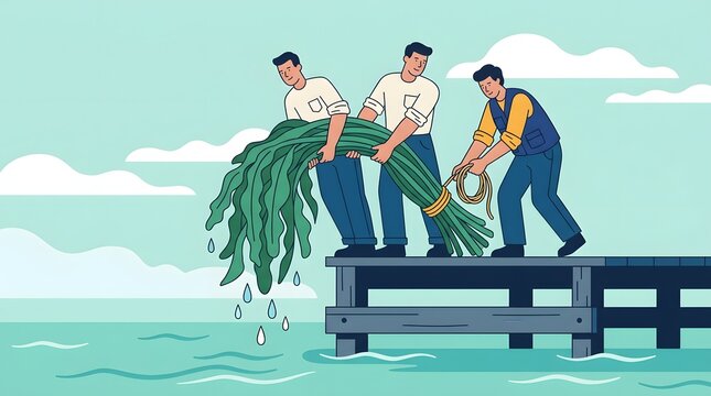 Seaweed farming workers harvesting fresh kelp on wooden pier coastal aquaculture illustration