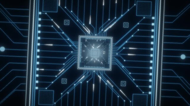 Infinite zoom into glowing microchip processor core with nested circuit layers, semiconductor seamless loop