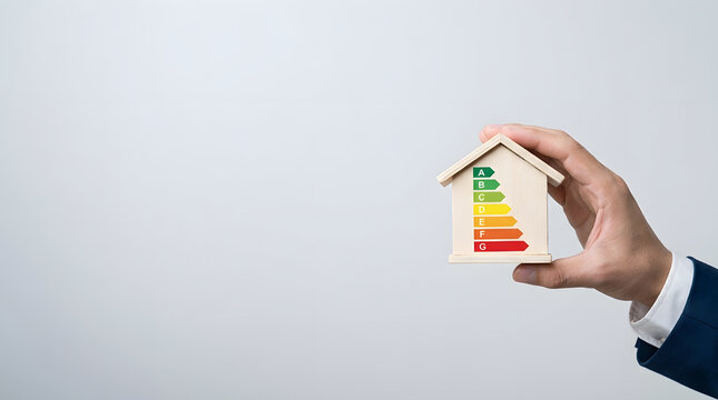 Businessman holding a wooden house model with energy efficiency rating scale chart from A to G, concept for green energy, sustainable home renovation, property insulation and eco-friendly housing.