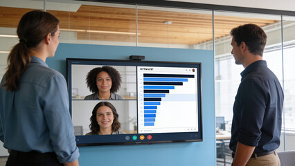 Fototapeta premium Hybrid team standup in a bright glass-walled office