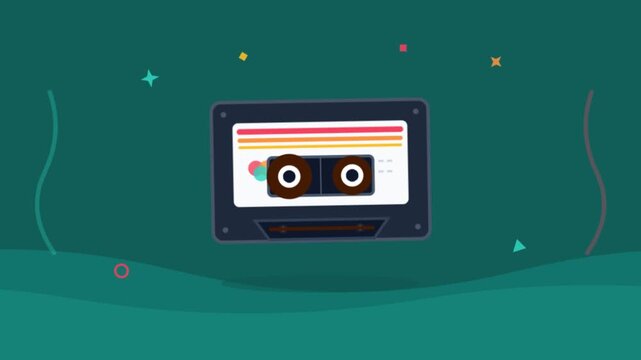 Flat vector illustration of a retro audio cassette tape on dark green background.