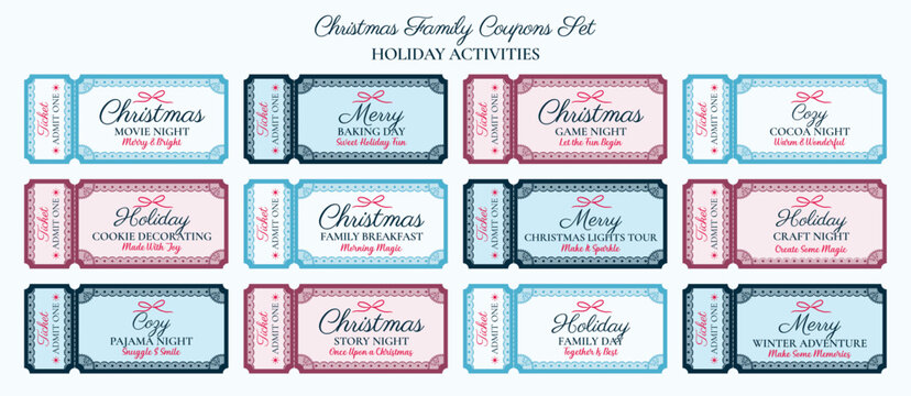 A Christmas family coupon set features twelve holiday activities in pastel lace frames. Ideal for printable gifts, festive promotions, and family activity cards.