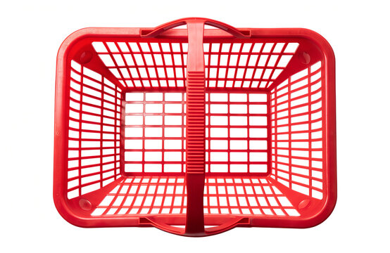 Overhead view of a vibrant red plastic shopping basket on png, shopping basket, green basket, plastic basket, store basket, supermarket basket, shopping container, retail, grocery, market, container
