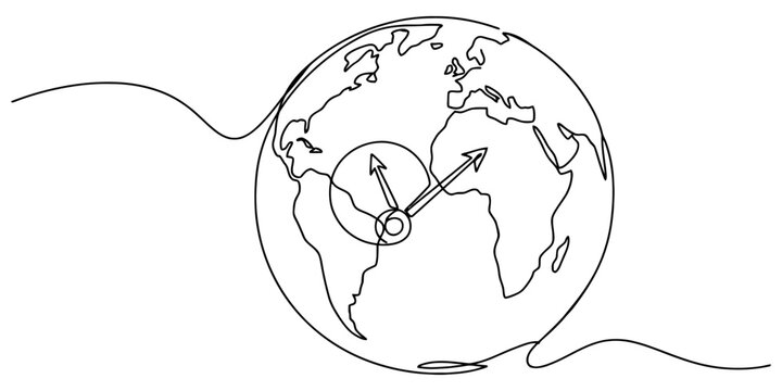 Global earth planet with clock hands indicating time zone concept in simple continuous single line art for world travel.