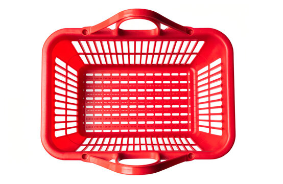 Overhead view of a vibrant red plastic shopping basket on png, shopping basket, green basket, plastic basket, store basket, supermarket basket, shopping container, retail, grocery, market, container