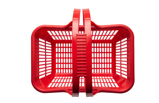 Overhead view of a vibrant red plastic shopping basket on png, shopping basket, green basket, plastic basket, store basket, supermarket basket, shopping container, retail, grocery, market, container
