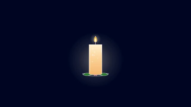 Glowing holiday pillar candle filling with warm honey wax and flickering flame on dark background