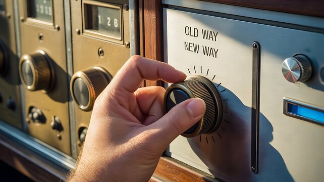 Hand turning a vintage control dial representing change from old ways to new ways