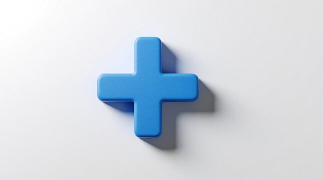Blue 3D plus sign icon on white background. Solid matte plastic cross symbol with soft shadow. Minimalist math addition sign for math, science medical concept. Simple geometric shape represents
