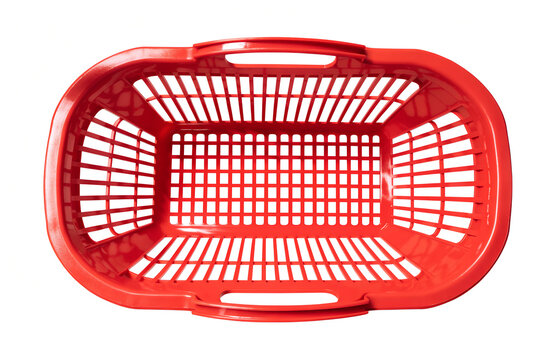 Overhead view of a vibrant red plastic shopping basket on png, shopping basket, green basket, plastic basket, store basket, supermarket basket, shopping container, retail, grocery, market, container