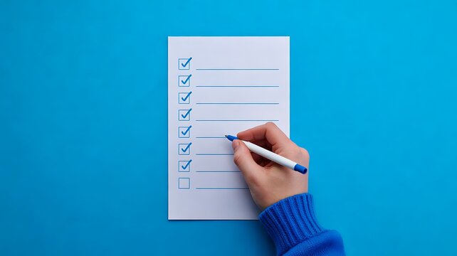 Person checking a checklist with pen on a bright blue background