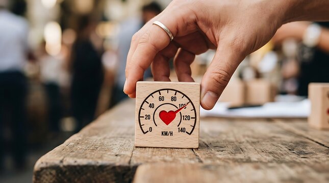 Hand holding wooden block with heart icon