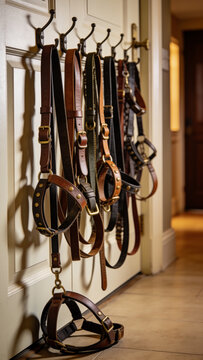 Leads and collars hanging on a row of hooks by a door