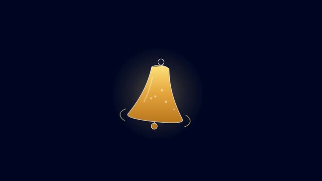 Swinging holiday bell filling with amber gold liquid and chime waves on dark background