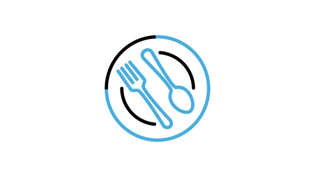 Animated fork, spoon and plate icon for catering, eatery, restaurant, chef service, food menu, dinner, cooking, cutlery, culinary, cafes. Animation video loops motion graphics with alpha channel