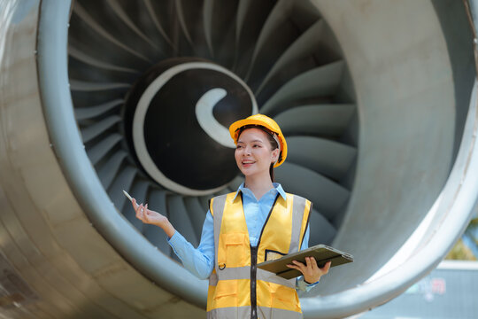 Female aviation engineer inspecting an aircraft door and fuselage while holding a clipboard, representing aircraft maintenance, safety checks, and aviation engineering.