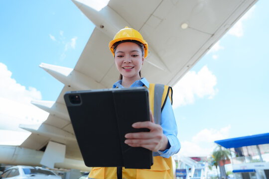Female aviation engineer inspecting an aircraft wing while holding a tablet outdoors, representing aircraft maintenance, safety inspection, and aerospace technology.
