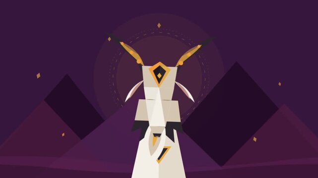 Stylized flat illustration of a geometric goat standing before abstract mountain peaks.
