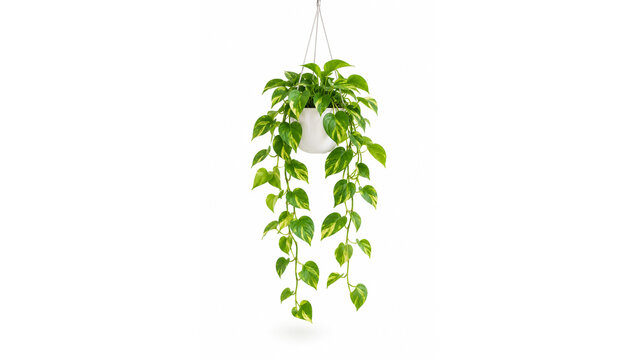 Hanging potted pathos plant with lush green variegated leaves isolated on a clean white background for modern home decor and botanical design