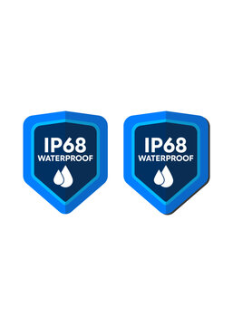 Blue shield icon set showing IP68 waterproof rating with water drop symbols for product protection standard certification.