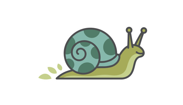 Cute cartoon snail with a green spotted shell slowly crawling forward leaving small green leaves in its path.