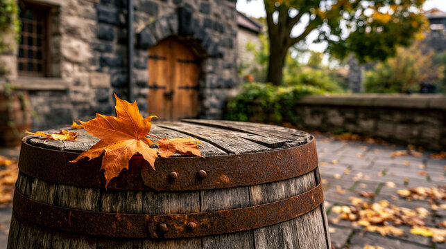 Orange autumn maple leaves resting gracefully upon weathered wooden barrel surfaces outdoors during daytime