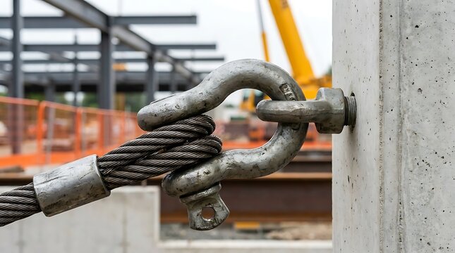 Heavy Duty Steel Bow Shackle and Wire Rope Sling Connected to Concrete Column on Construction Site