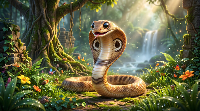 Cute cartoon Indian cobra in magical jungle ruins with waterfall