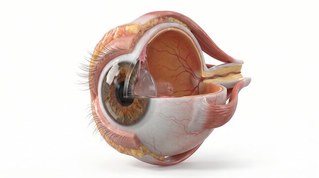 3D rendered cross section of a human eye showing internal anatomy.
