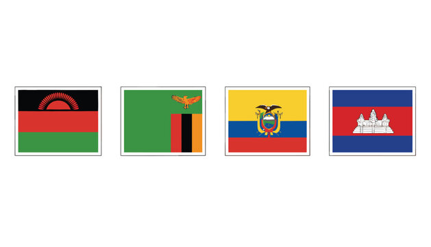 Set of four official country flags including Malawi, Zambia, Ecuador, and Cambodia, displayed in neat square white frames.