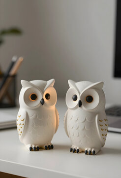 Wisdom and knowledge concept, two decorative owl figurines on a modern office desk with soft lighting for academic success and professional intelligence