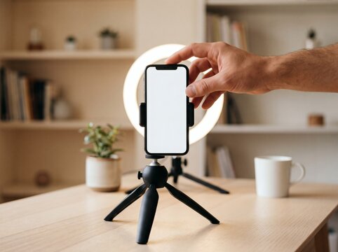 Hand adjusting smartphone on mini tripod with ring light on desk