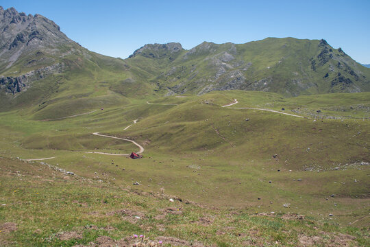 Winding mountain road crossing green hills in picos de europa