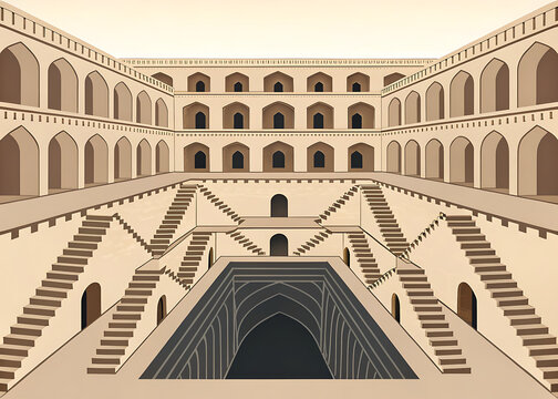 Agrasen Ki Baoli in Delhi, ancient stepped well, geometric descending stairs, minimalist vector illustration, strong symmetry