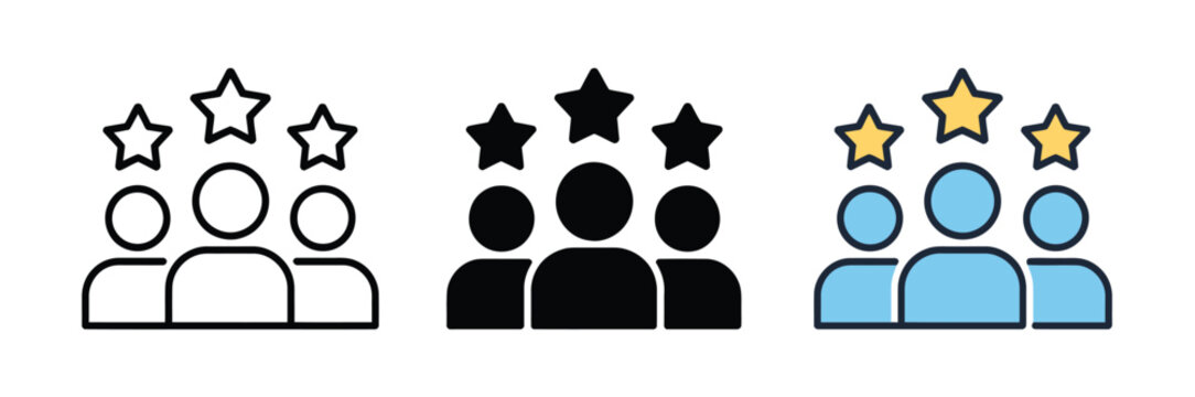Team Success Customer Rating Icons featuring people silhouettes, star reviews, user experience, human resources, employee performance, satisfaction, and business evaluation vector