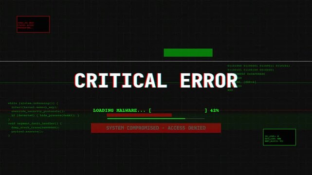 critical error system notification with digital glitch effects, data failure message on retro screen, cyber security breach and software warning