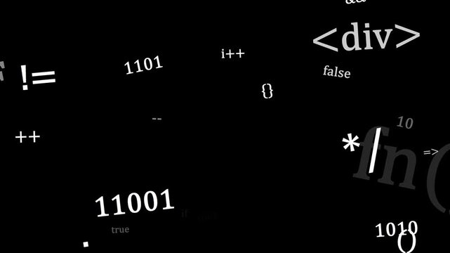 Programming code background video footage showing scrolling software syntax syntax algorithms and binary numbers on dark screen for technology projects