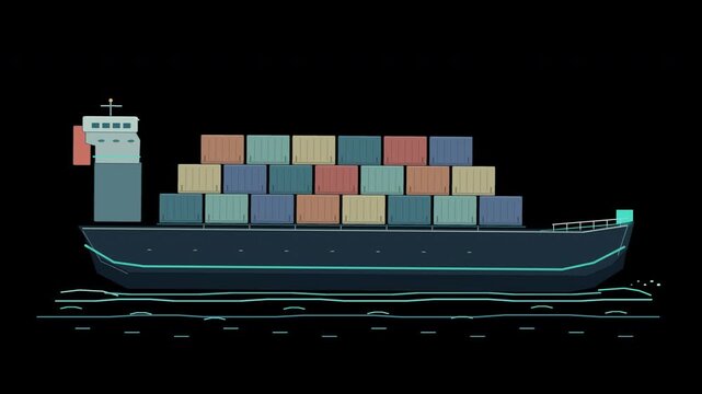Container ship sailing on ocean waves with cargo containers on transparent background