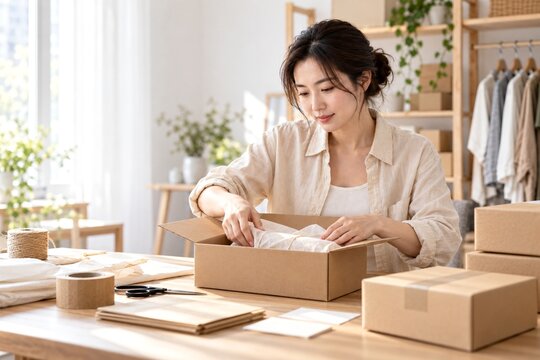 Woman Small Business Owner Packing Customer Orders in Natural Light