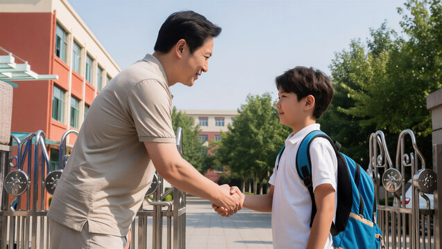 A caring father shakes hands with his young student son at the school gate. This positive interaction symbolizes back-to-school season, education, and family support