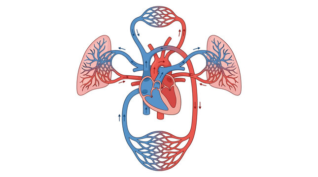 Human circulatory system vector diagram. Cardiovascular anatomy infographic with heart, lungs, and blood vessels