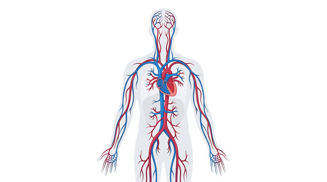 Human circulatory system vector diagram, cardiovascular anatomy illustration, arterial and venous blood vessels