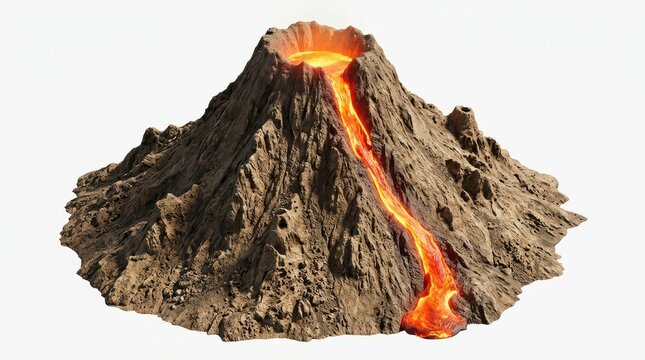 Volcano erupting with flowing lava isolated on white background