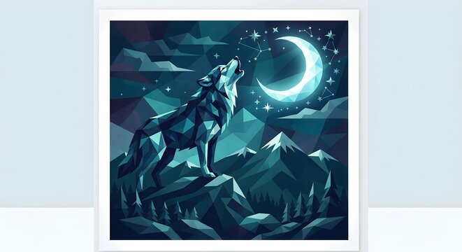 Geometric low-poly vector illustration of a wolf howling on a rocky cliff under a glowing crescent moon, starry sky, and distant snow-capped mountains.