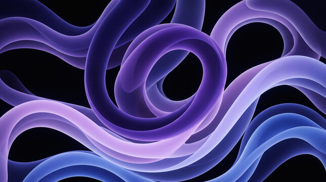 Intertwined ribbon like shapes display a glowing abstract pattern against a dark background fluid swirls loops